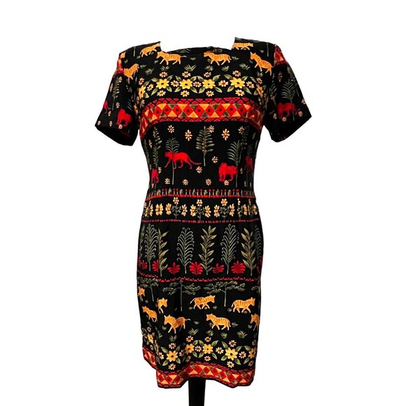 Sag Harbor Vintage African Safari Sheath Dress Sz 6 Petite Black Red Orange Shor - Picture 1 of 9